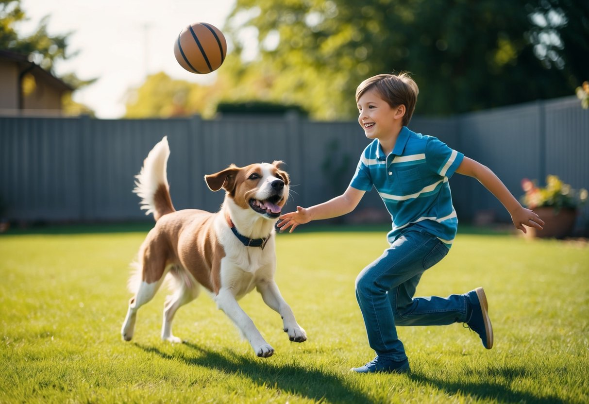 A happy, energetic dog playing with a 10-year-old boy in a spacious backyard, with a ball in the air and a big smile on both their faces