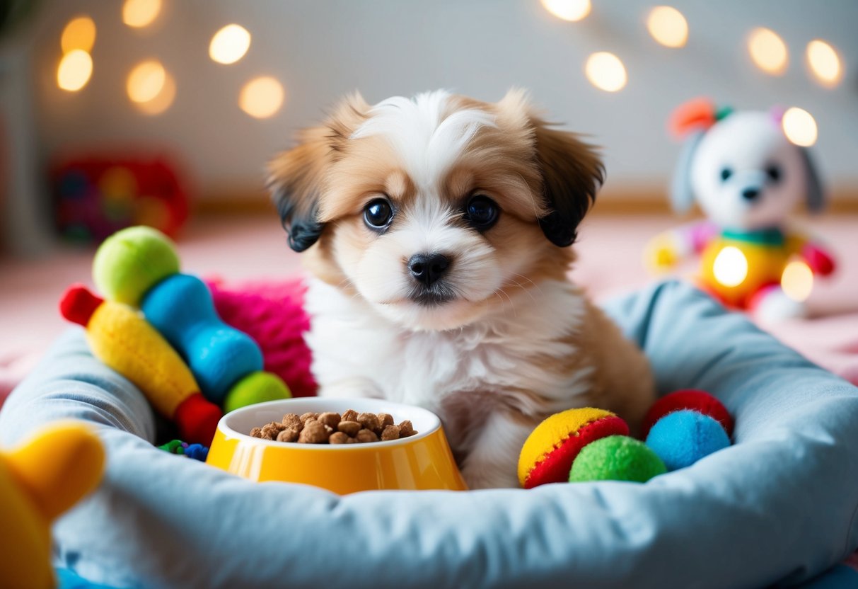 A small, fluffy puppy with big eyes sits in a cozy bed, surrounded by colorful toys and a bowl of food