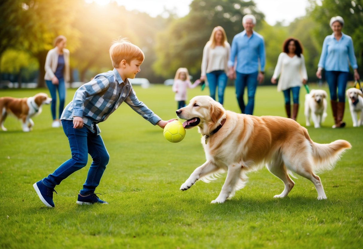 A young boy plays fetch with a friendly, well-trained golden retriever in a spacious, grassy park surrounded by other families and their dogs