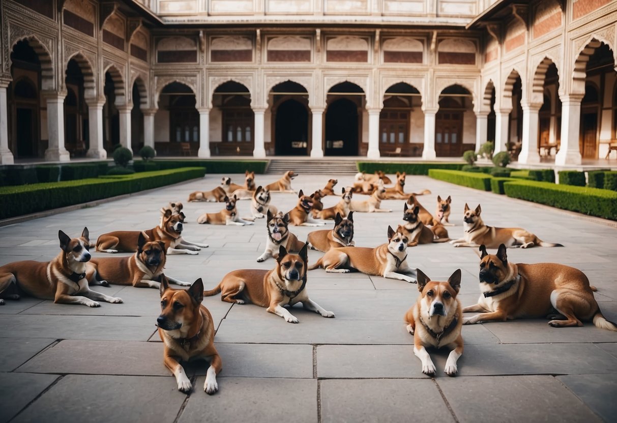A grand palace courtyard filled with 800 regal Indian dogs lounging under the shade of ornate arches and lush gardens
