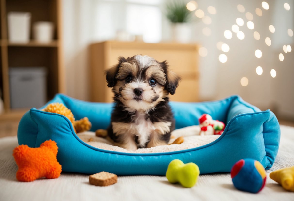 A small, fluffy puppy sits in a cozy bed, surrounded by toys and treats. Its tail wags eagerly as it looks up with big, bright eyes