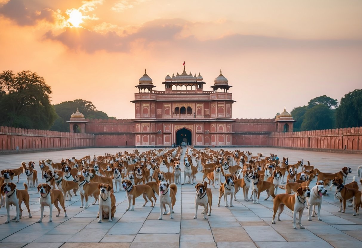 A grand palace in Junagadh, surrounded by 800 regal dogs, each with a sense of importance and pride in their lineage