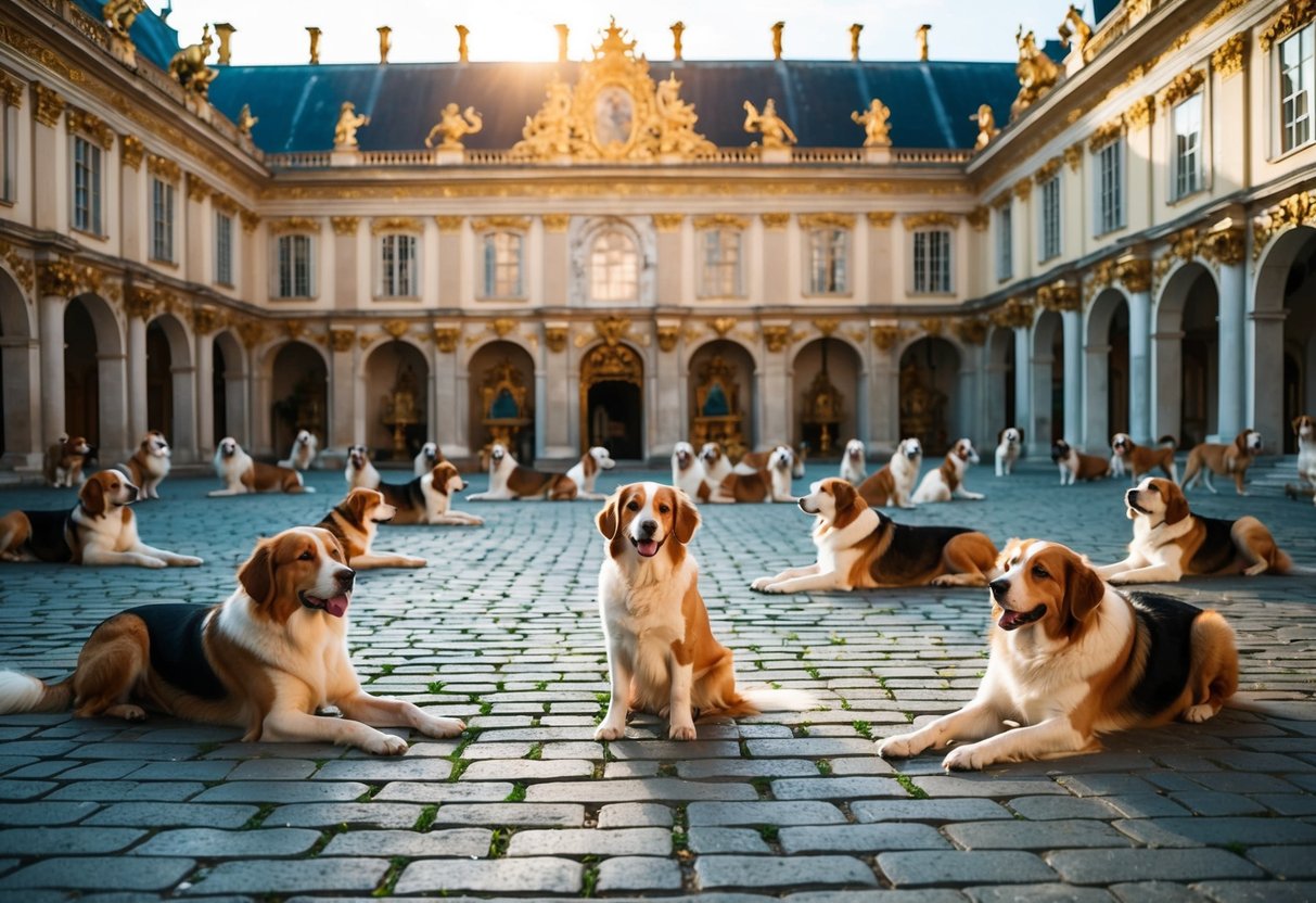 A grand palace courtyard filled with opulent treasures and 800 regal dogs lounging in the sun