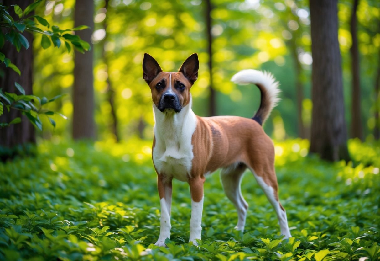 A rare dog with a striking coat stands in a lush forest, surrounded by vibrant foliage and dappled sunlight filtering through the trees