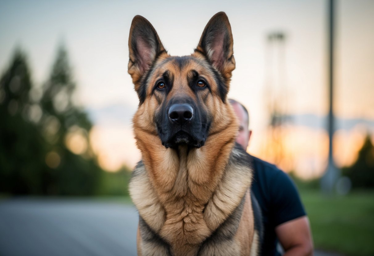 A large German Shepherd stands alert, facing outward with ears perked and a serious expression, positioned protectively in front of its owner
