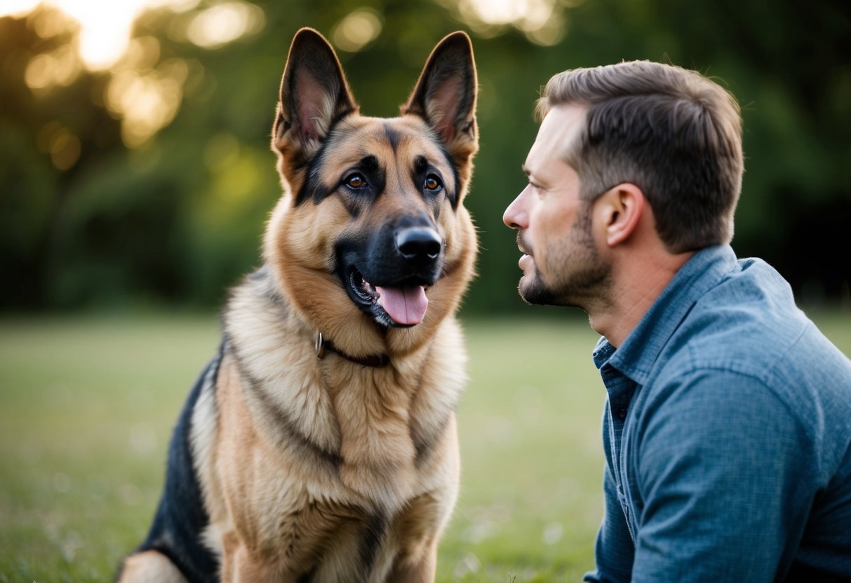 A German Shepherd stands alert, gazing protectively at its owner with a strong and loyal demeanor