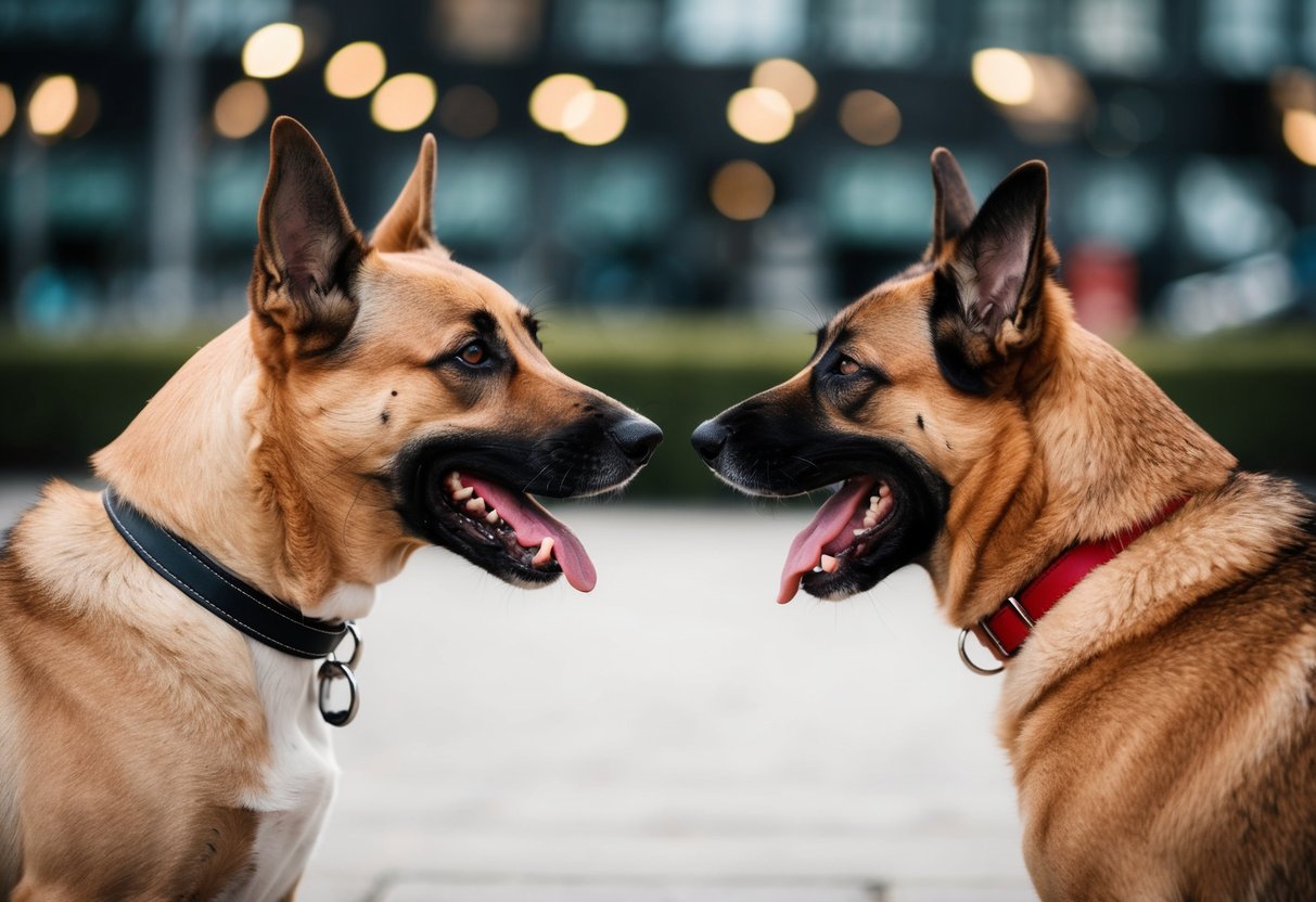 Two dogs facing each other, one with ears perked up and mouth slightly open, the other with a relaxed posture and wagging tail
