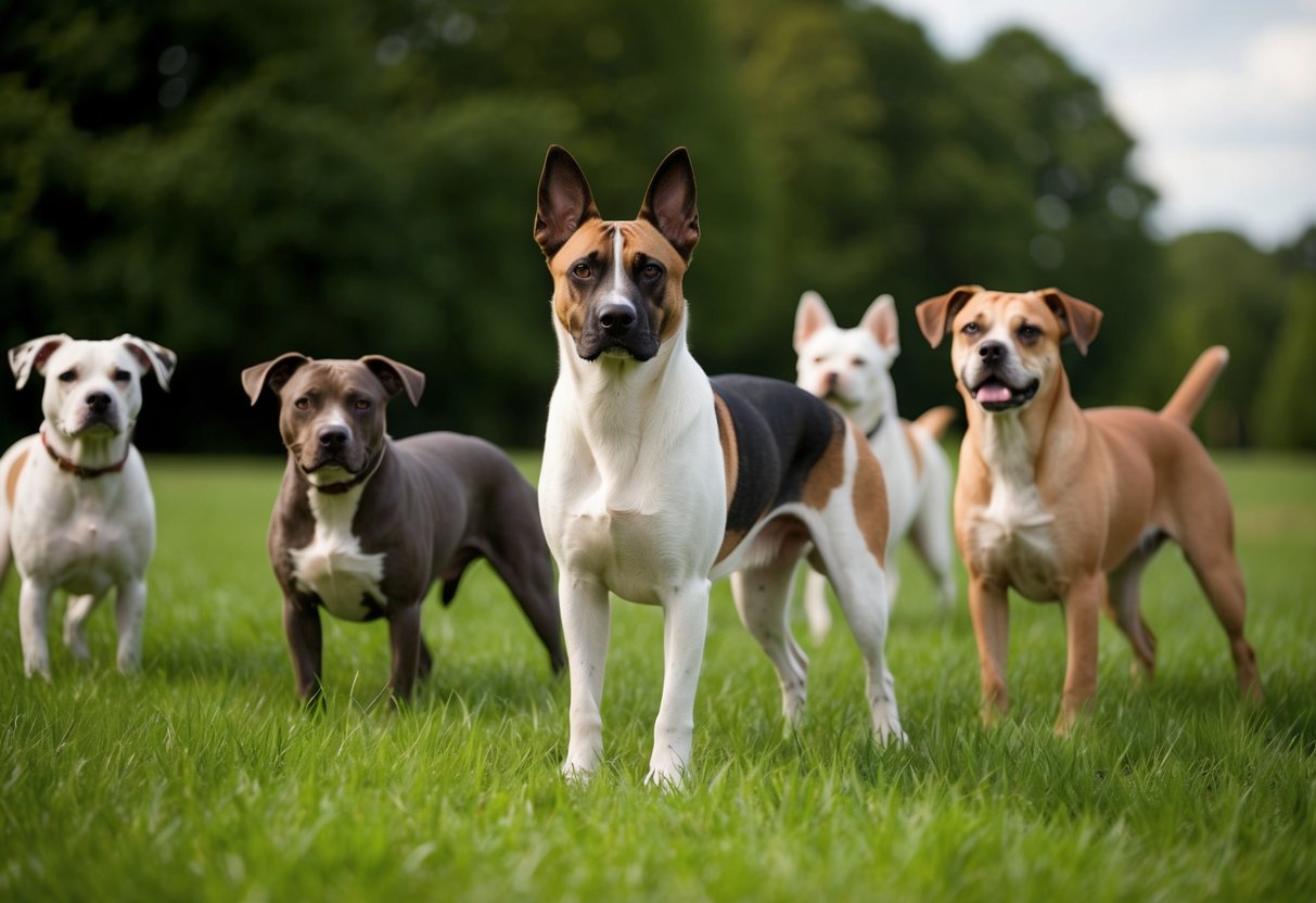 A rare dog with unique markings stands in a lush green field, surrounded by other rare breed dogs