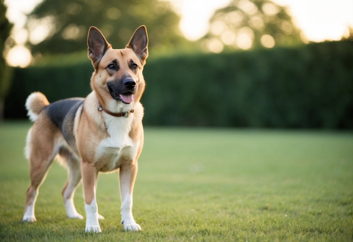 A loyal dog stands alert, ears perked and tail raised, guarding its owner with a watchful gaze