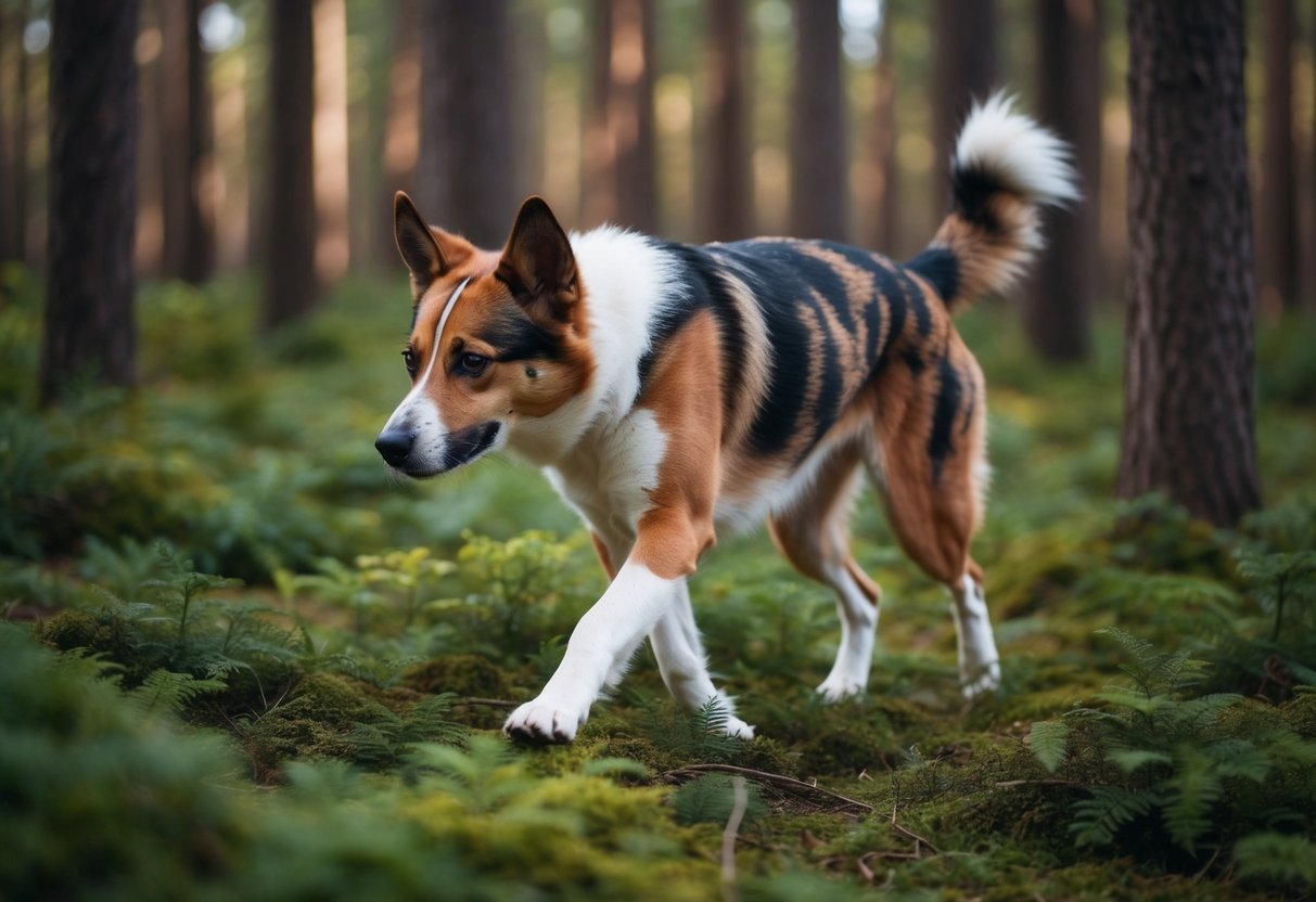 A rare dog navigating through a dense forest with unique markings and vibrant fur