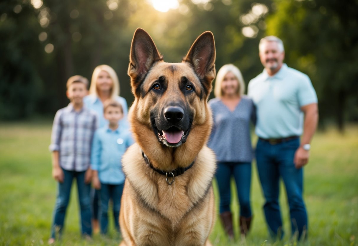 A loyal and alert German Shepherd stands guard, watching over a family with a protective gaze