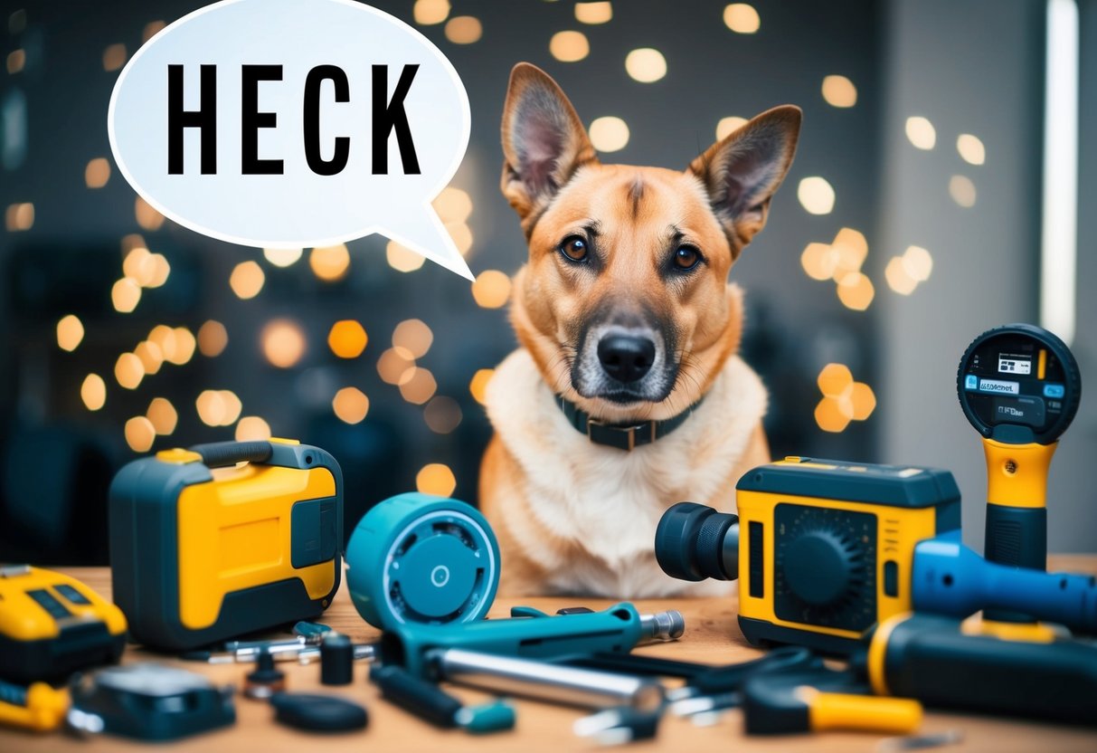 A dog surrounded by various tools and technologies, looking curiously at a speech bubble with the word "heck" inside