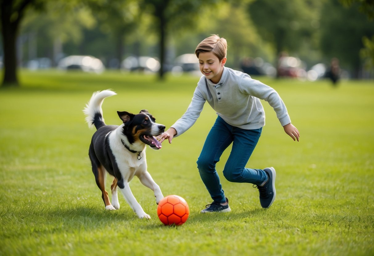 A 13-year-old playing fetch with a friendly and energetic medium-sized dog in a grassy park