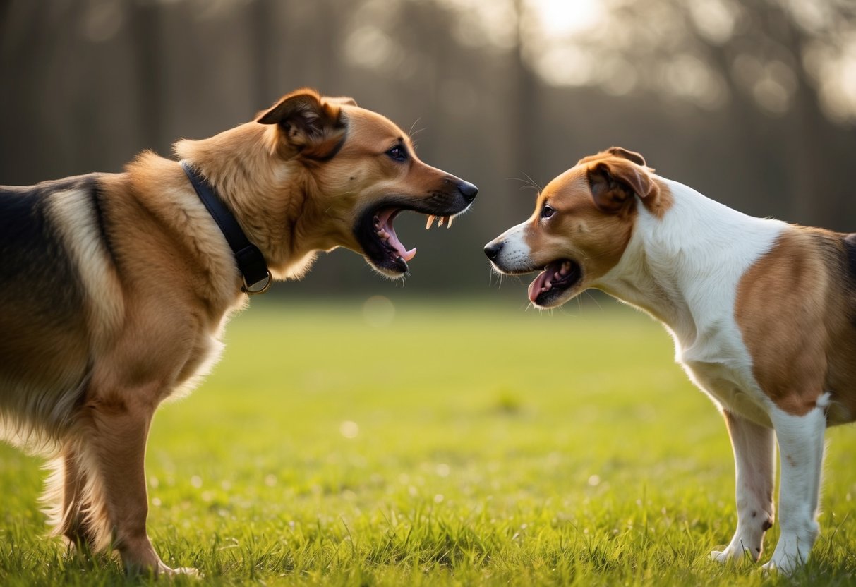 A female dog bares her teeth and snaps at a male dog, while he cowers away with a submissive posture