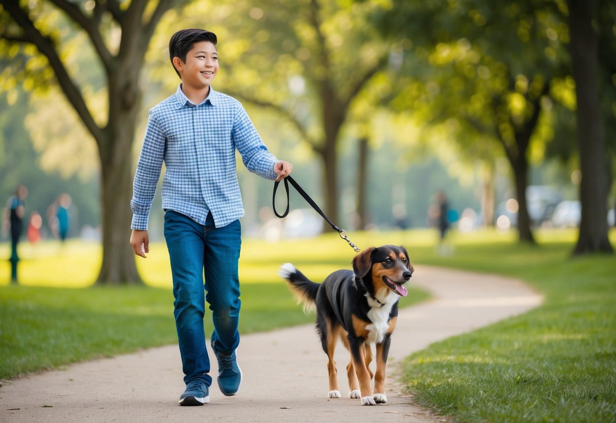 A 13-year-old walking a friendly, medium-sized dog in a park, both smiling and enjoying each other's company