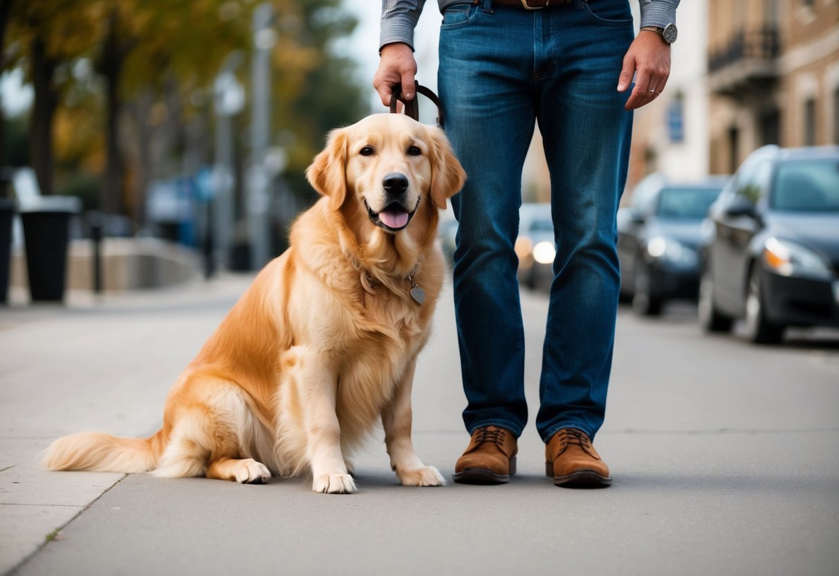 A Golden Retriever calmly sits by its owner's side, attentive and obedient