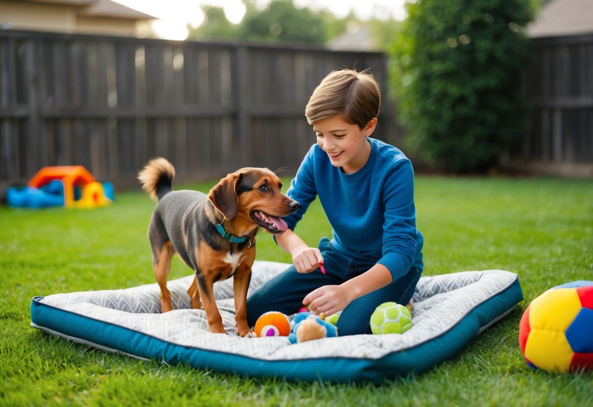 A 13-year-old playing with a medium-sized, friendly dog in a fenced yard, surrounded by toys and a comfortable bed