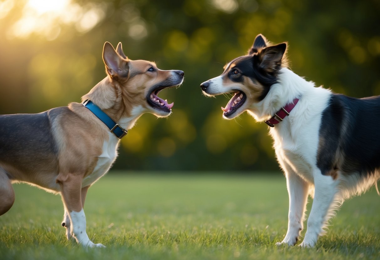 A female dog snapping at a male dog, with raised hackles and bared teeth, while the male dog cowers and avoids eye contact