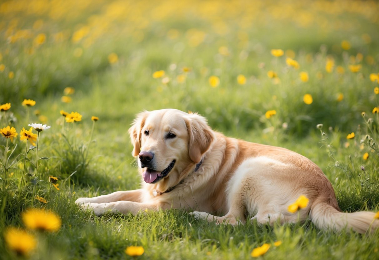 A golden retriever lies peacefully in a sunlit meadow, surrounded by wildflowers and a gentle breeze