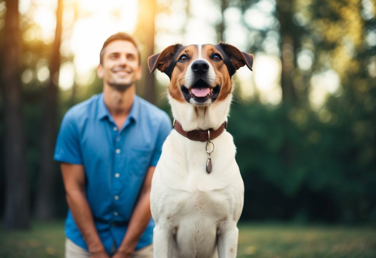 A dog standing in front of its owner, looking up with a loyal and loving expression