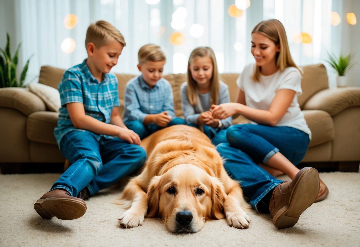 A golden retriever lies peacefully at the feet of a family, surrounded by children playing and a serene atmosphere