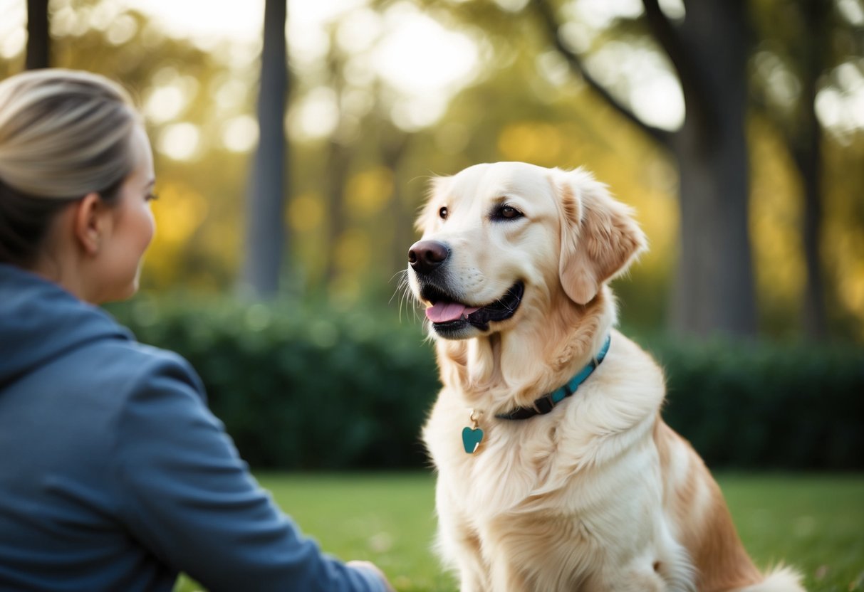 A golden retriever sitting calmly with a wagging tail, looking attentively at its owner