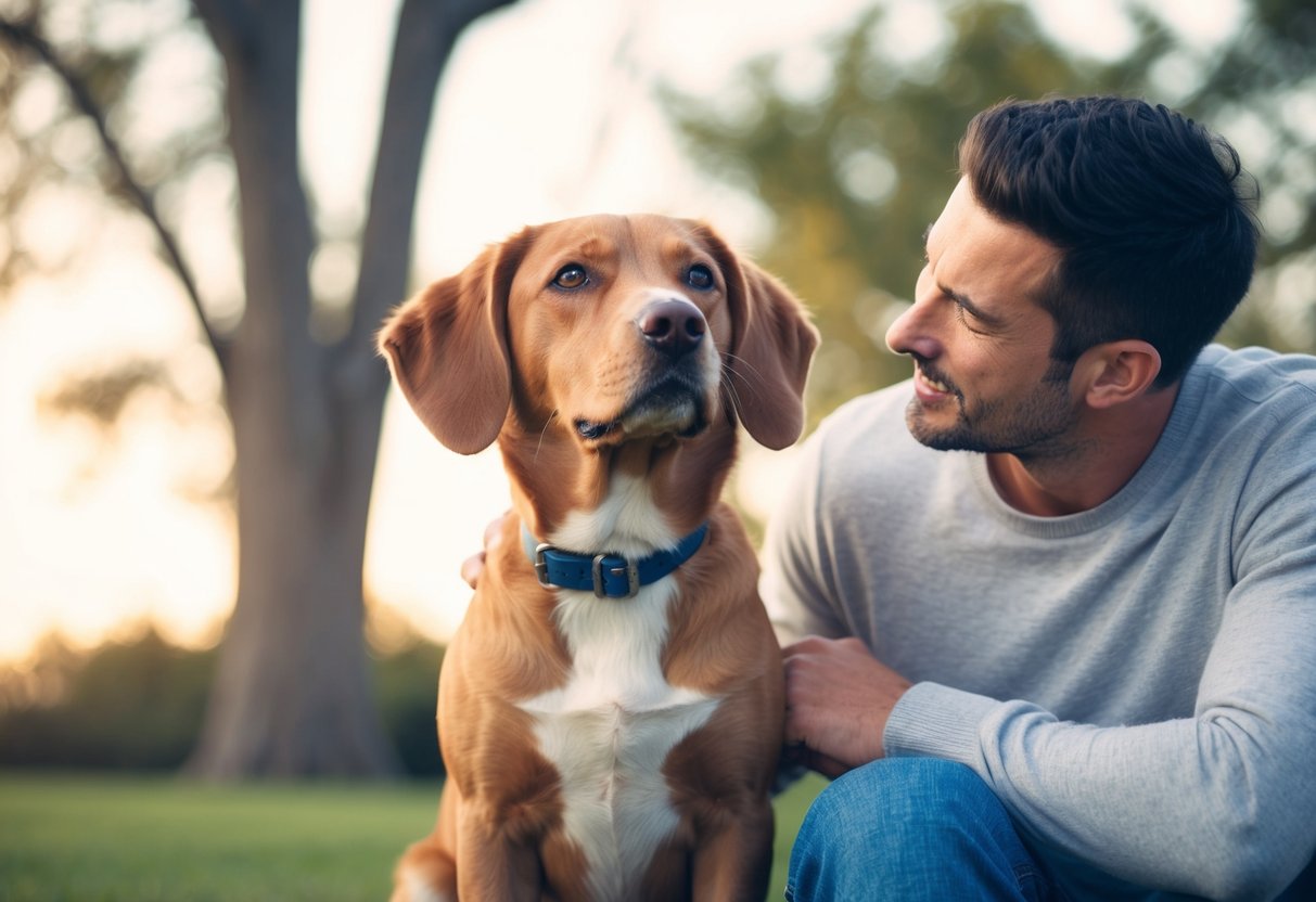 A dog sitting peacefully next to its owner, looking up at them with a loyal and trusting expression