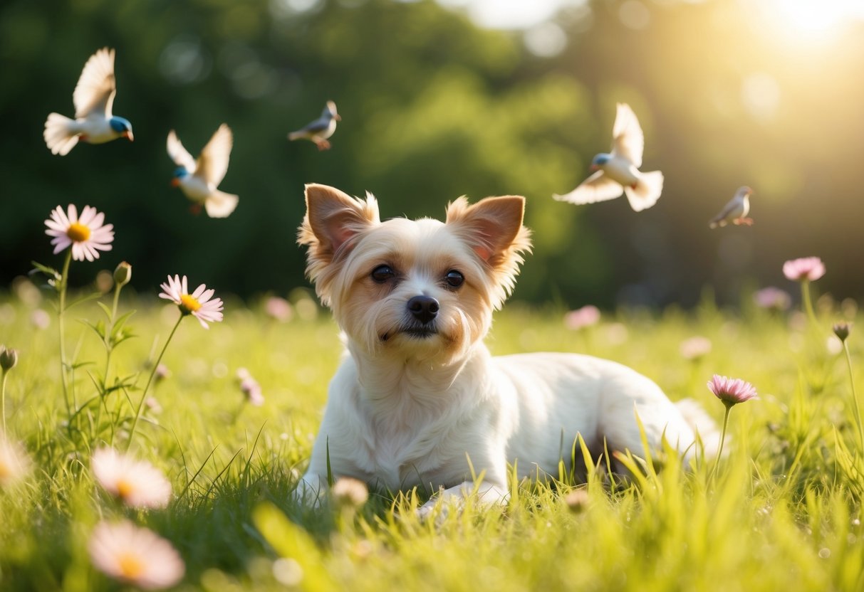 A small, serene dog lounges peacefully in a sunlit meadow, surrounded by gentle flowers and chirping birds