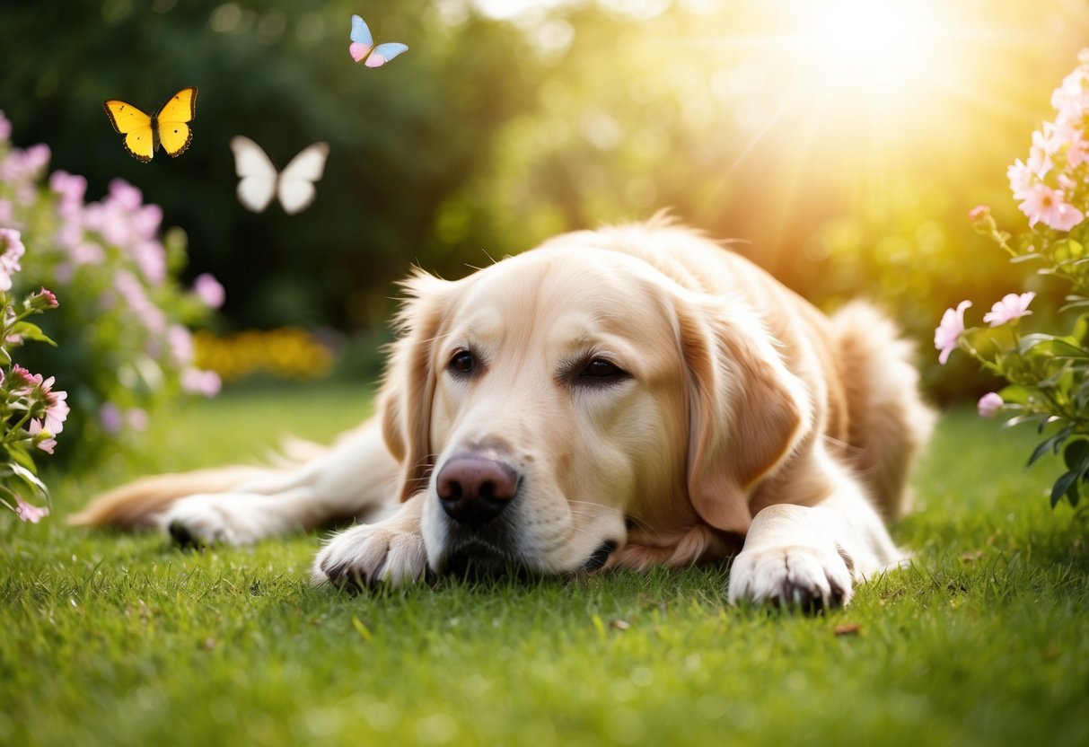 A golden retriever lying peacefully in a serene, sunlit garden, surrounded by blooming flowers and gentle butterflies