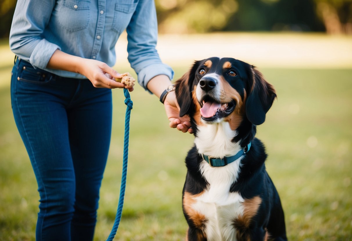 A person standing with a dog, using positive reinforcement techniques such as treats and toys, to train and modify the dog's behavior