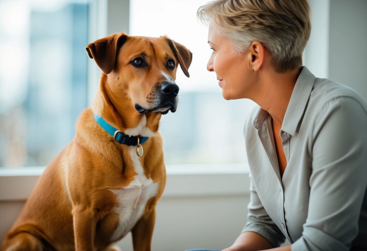 A well-behaved dog sitting calmly, ears alert, and eyes focused on its owner