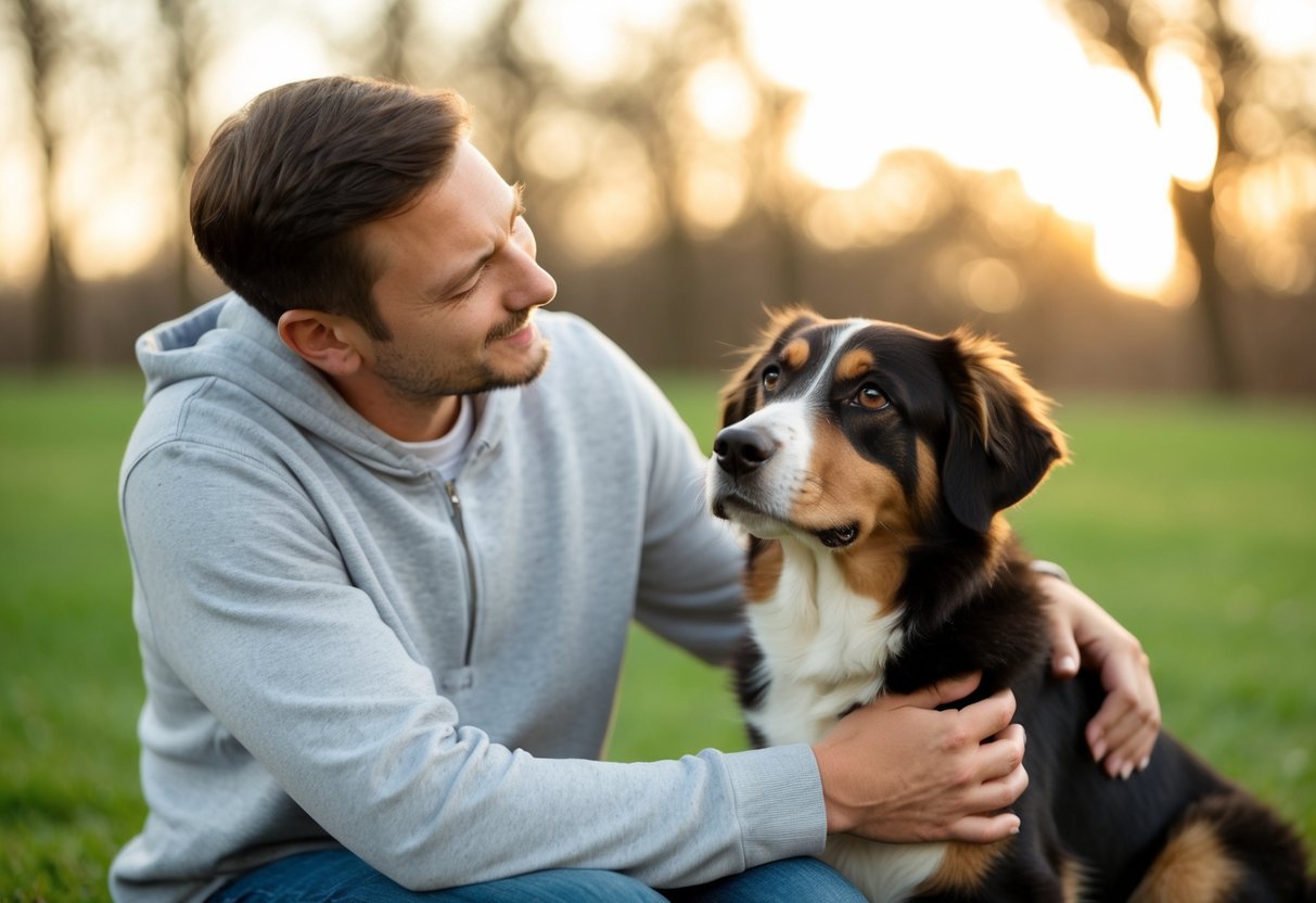 A loyal dog sits beside its owner, gazing up with adoring eyes, conveying trust and companionship