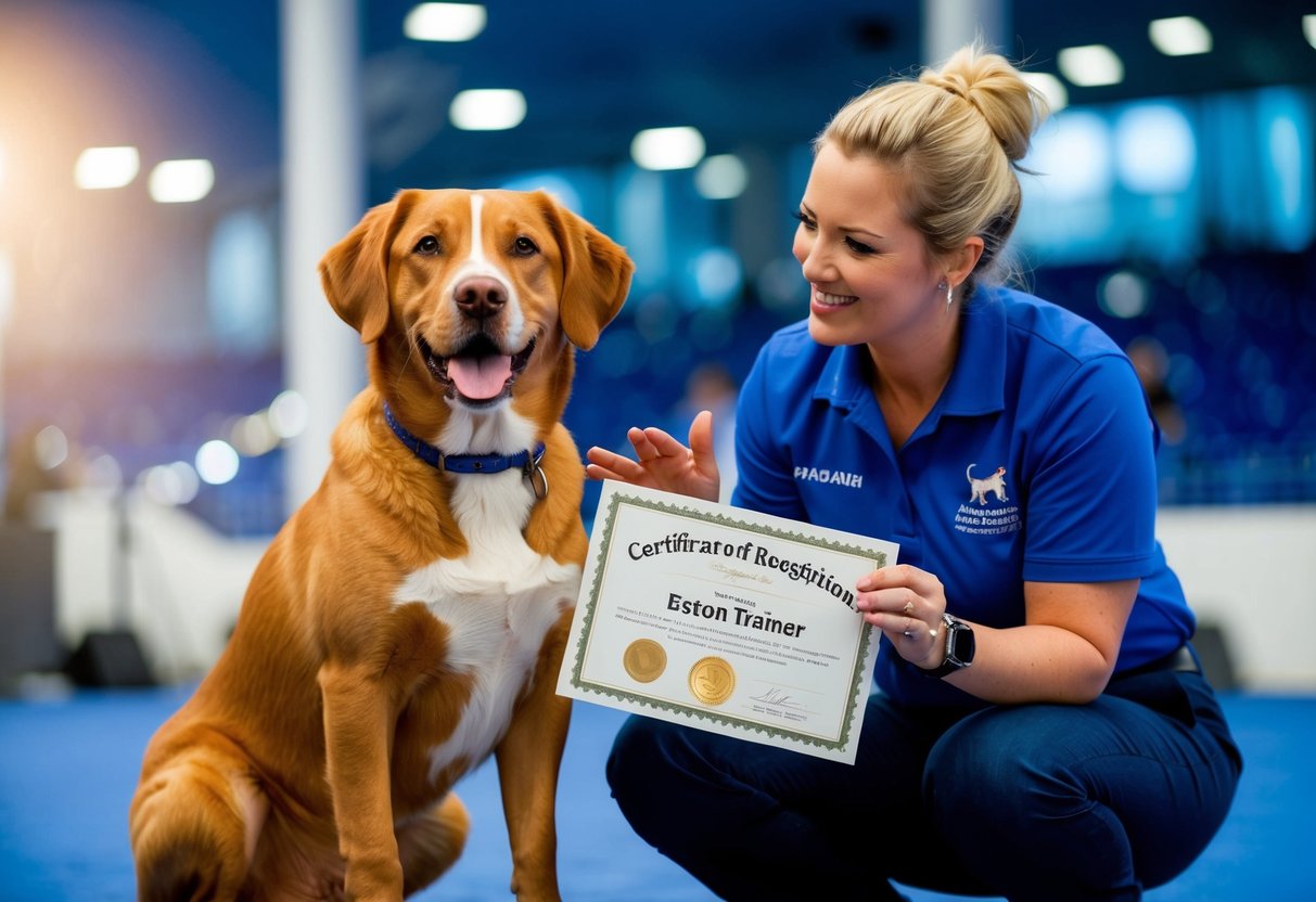A well-behaved dog sitting attentively with a certificate of recognition and a trainer giving praise