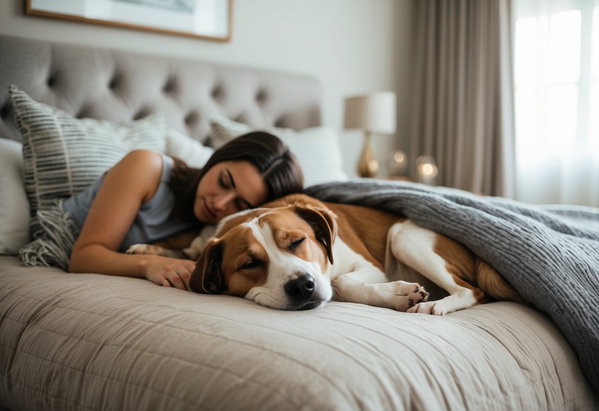 A cozy bedroom with a dog curled up on a plush bed next to its owner, both peacefully sleeping