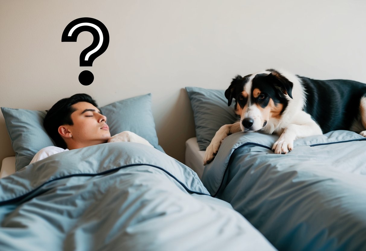 A person and their dog sleeping in separate beds, with a question mark above the dog's bed