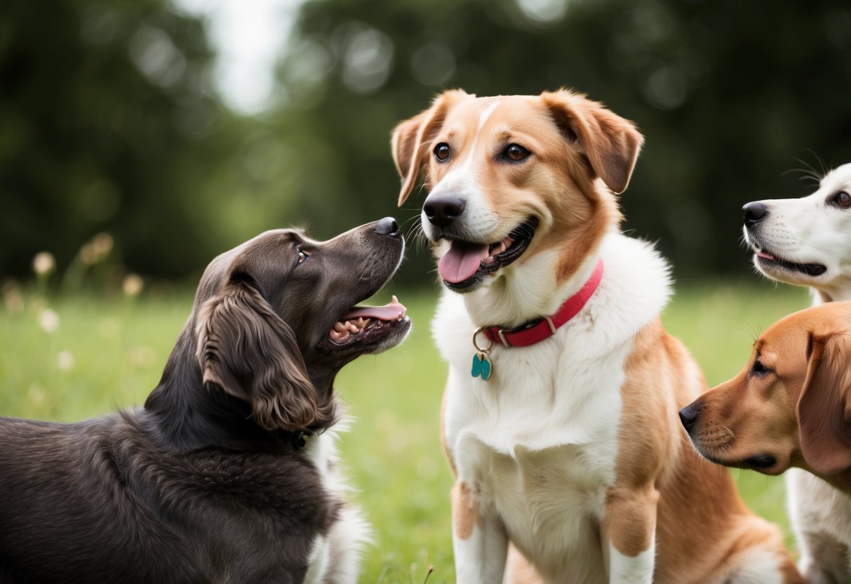 A female dog with a relaxed posture and friendly expression interacting peacefully with other animals