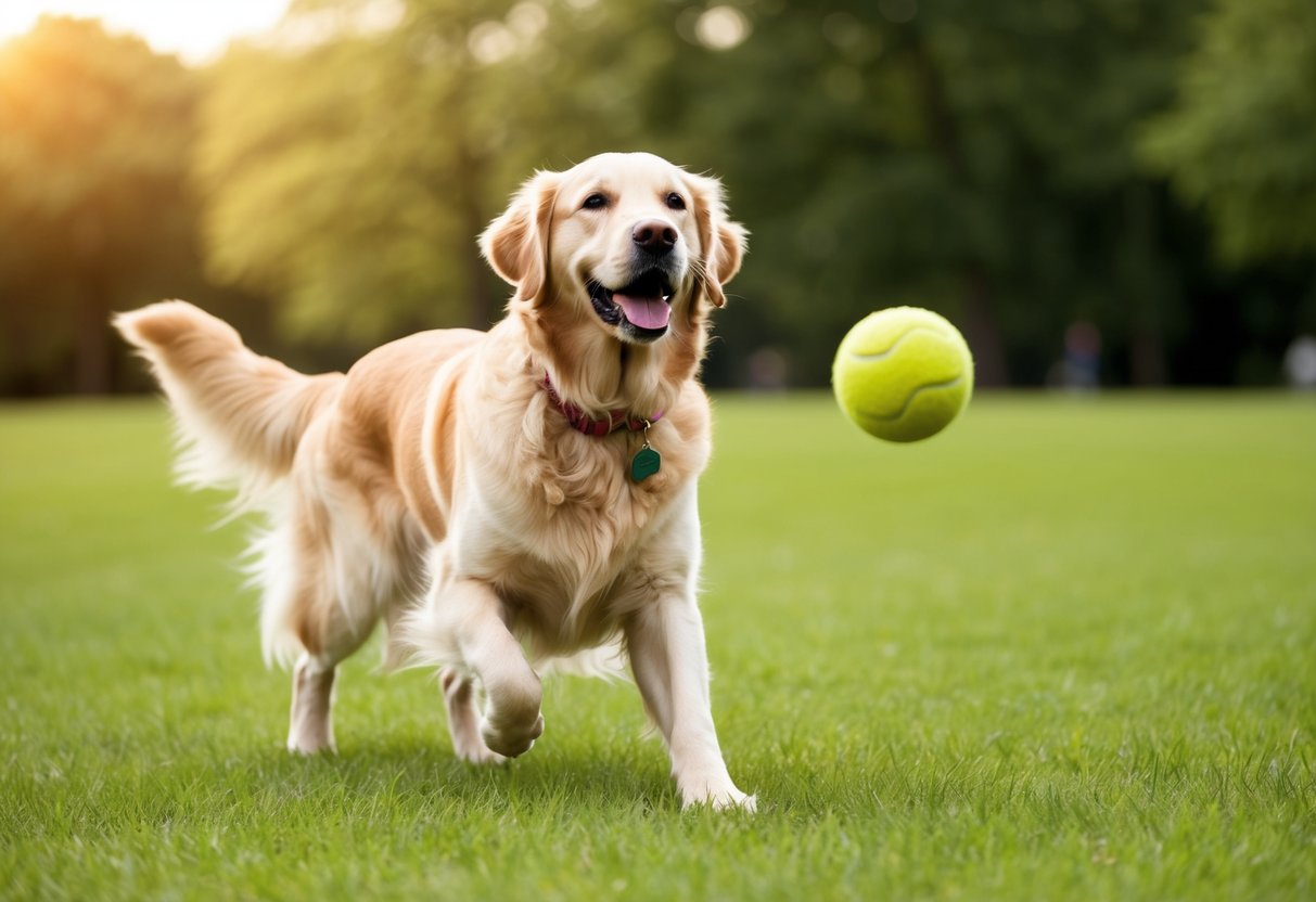 A golden retriever playing fetch in a grassy park, with a happy expression and wagging tail