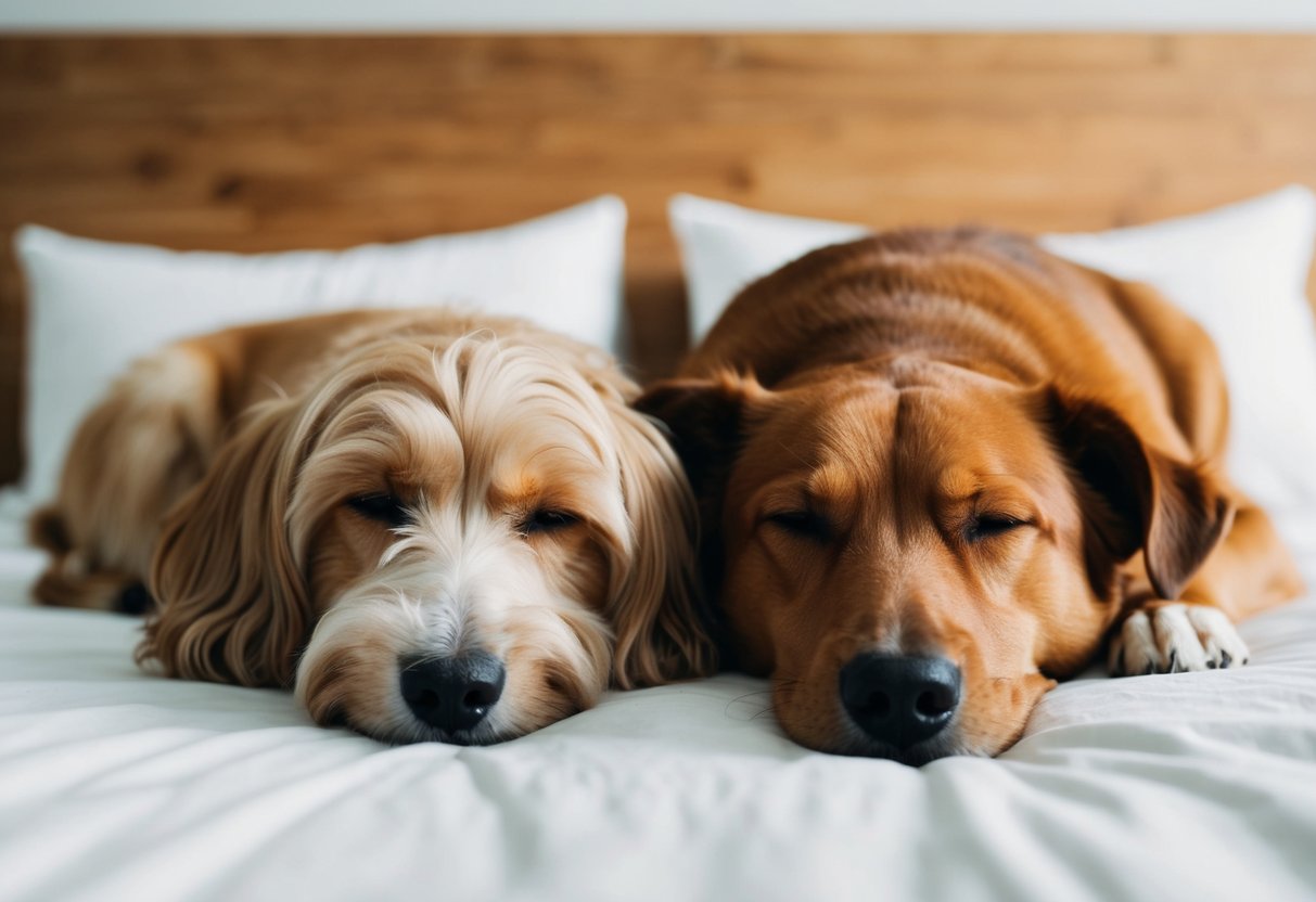 A dog peacefully sleeping next to its owner in bed, both curled up and content