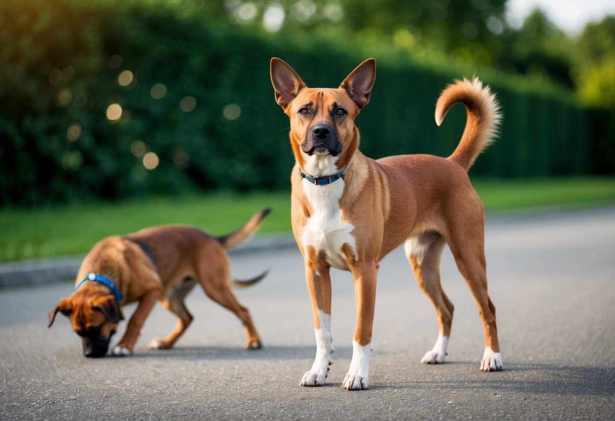 A female dog stands confidently, ears perked, and tail raised. A male dog cowers nearby, showing submissive body language