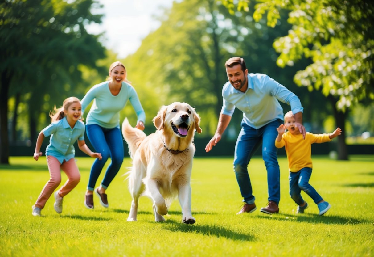 A joyful golden retriever playing fetch with a family in a green, sunlit park