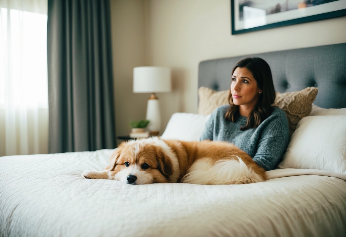 A cozy bedroom with a large bed, a fluffy dog curled up on one side, and a questioning expression on the owner's face