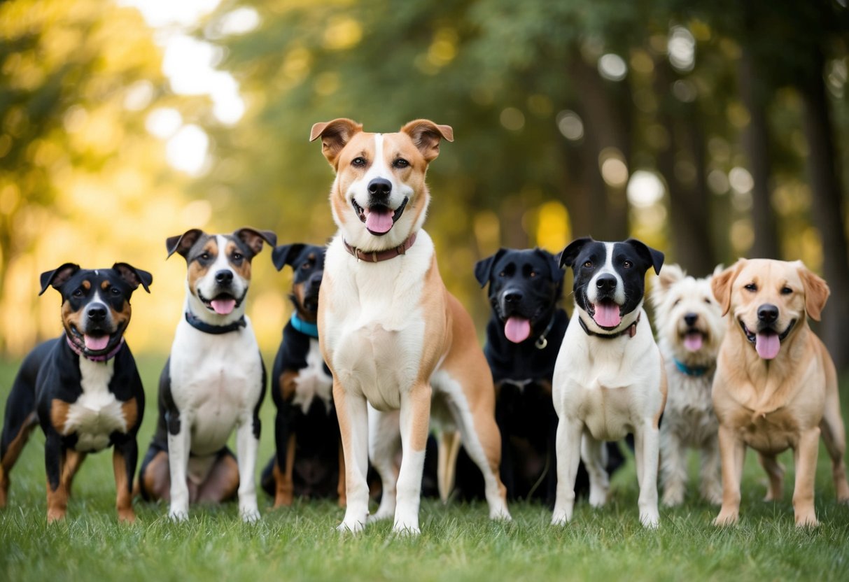 A female dog stands calmly among a group of various dog breeds, showing no signs of aggression