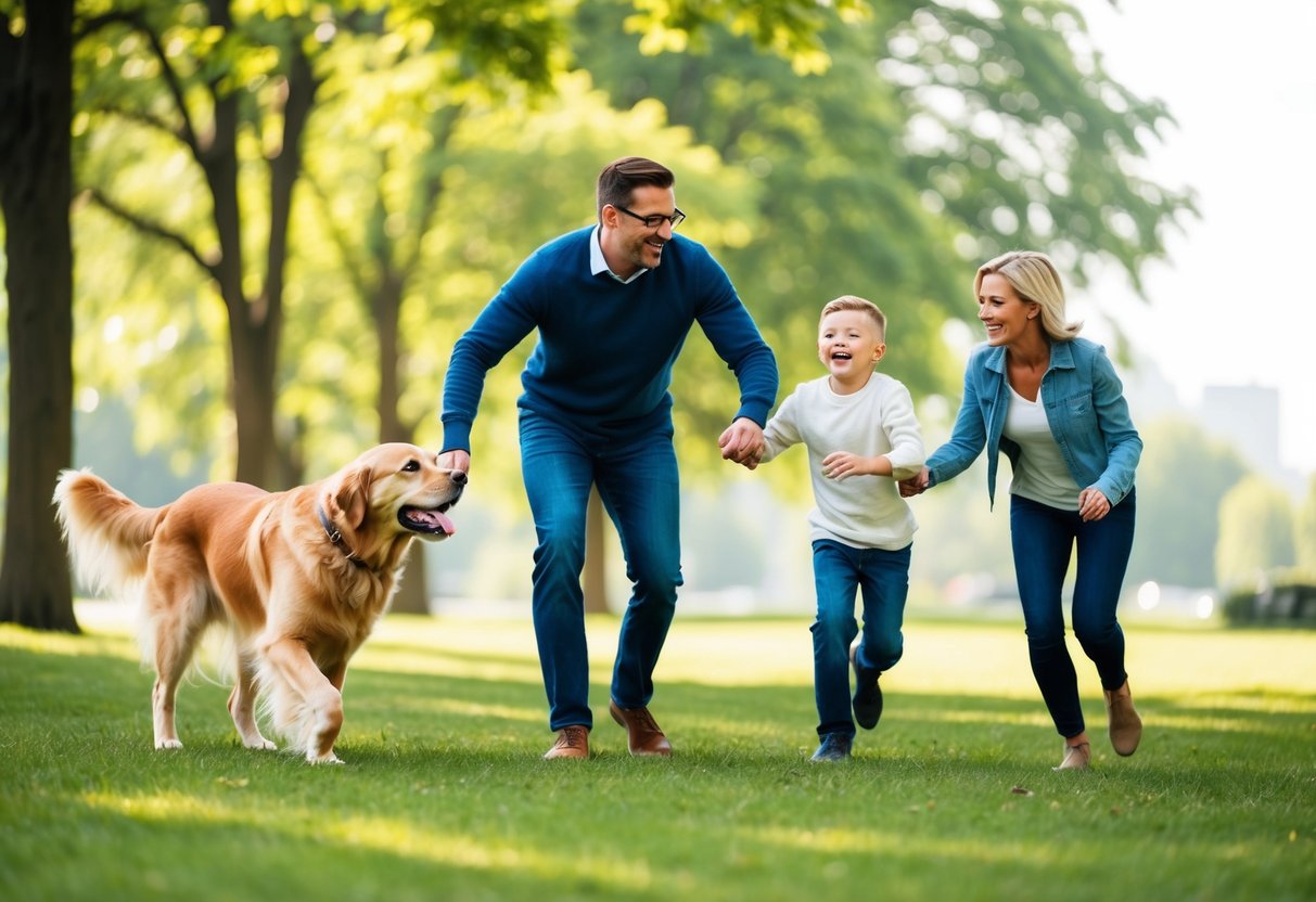A family playing in a park with a golden retriever