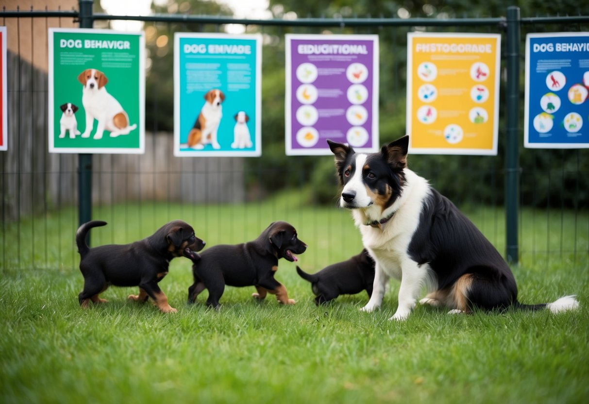 A mother dog calmly watches over her playful puppies in a fenced yard, surrounded by colorful educational posters about dog behavior