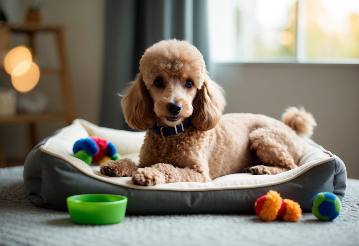A small, fluffy poodle lounges on a cozy bed, surrounded by toys and a bowl of water. Its fur is neatly groomed, and it looks content and relaxed