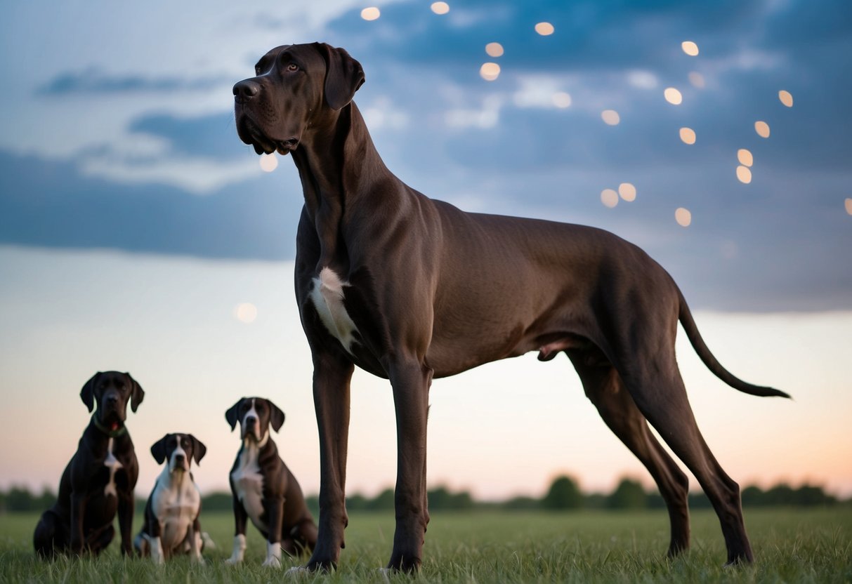 A massive Great Dane stands tall, towering over all other dogs, with a gentle expression and a majestic presence