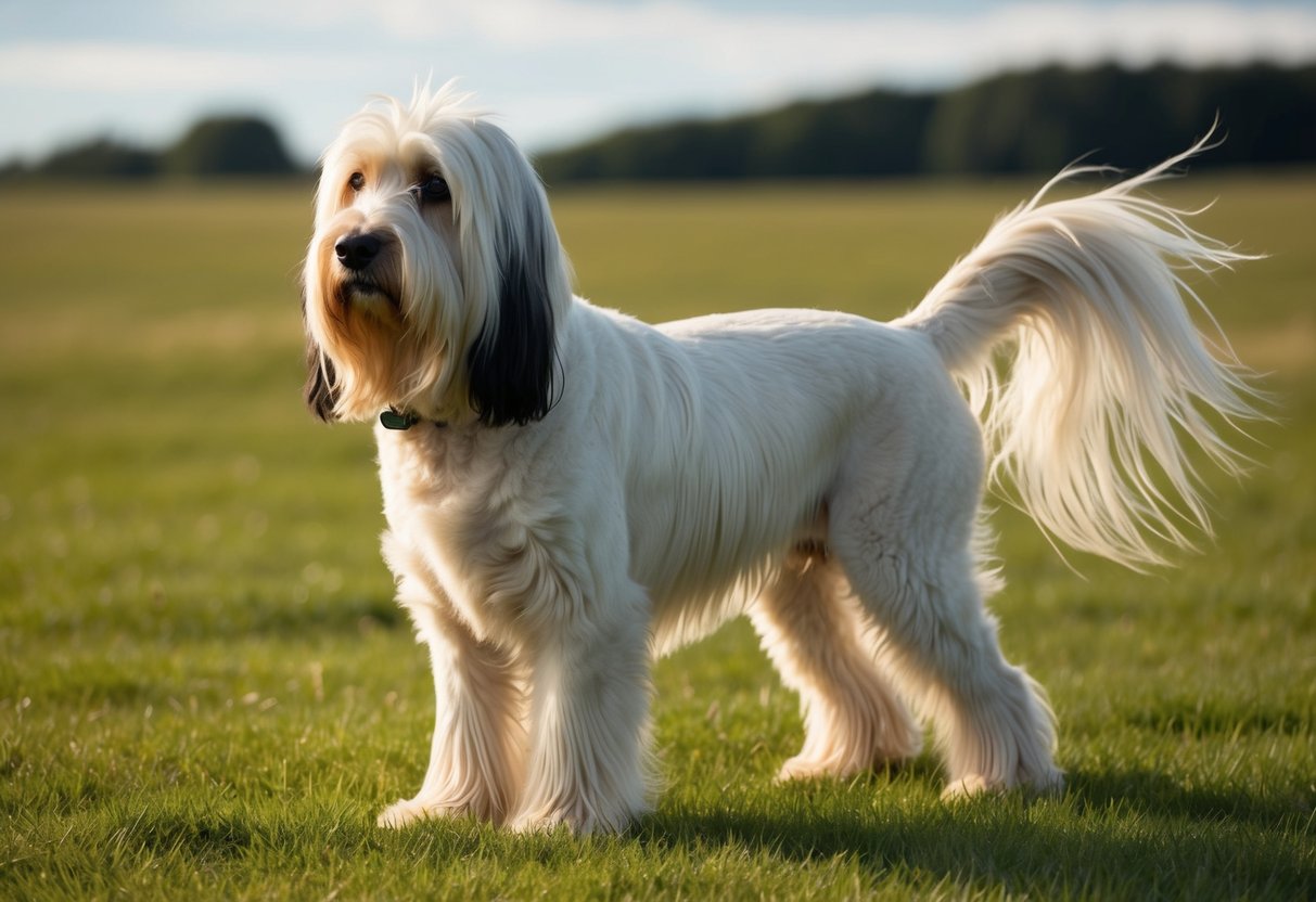A Komondor dog stands proudly in a grassy field, its long, corded white fur flowing in the wind, showcasing its majestic and rare appearance