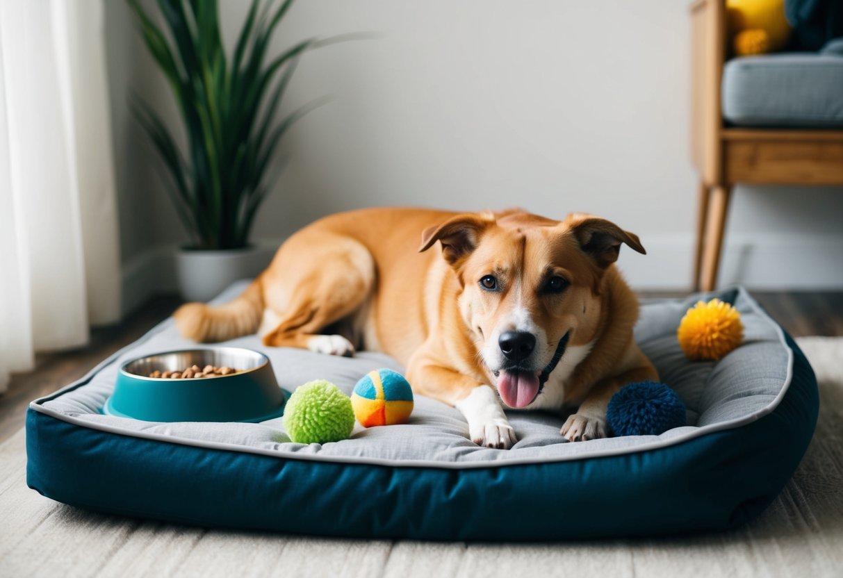 A content dog lounges on a cozy bed, surrounded by toys and a food bowl. Its relaxed expression reflects its low-maintenance nature