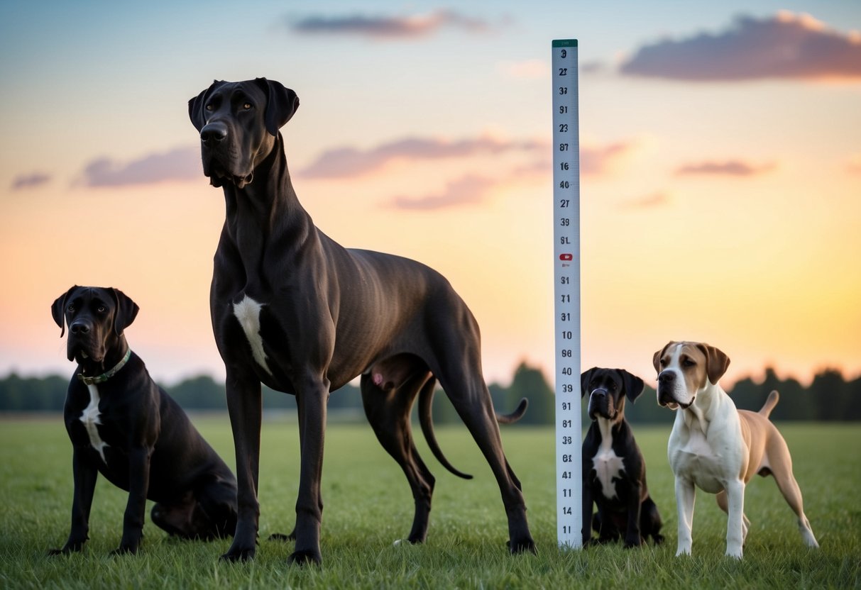 A Great Dane standing tall next to a measuring stick, towering over other large dog breeds