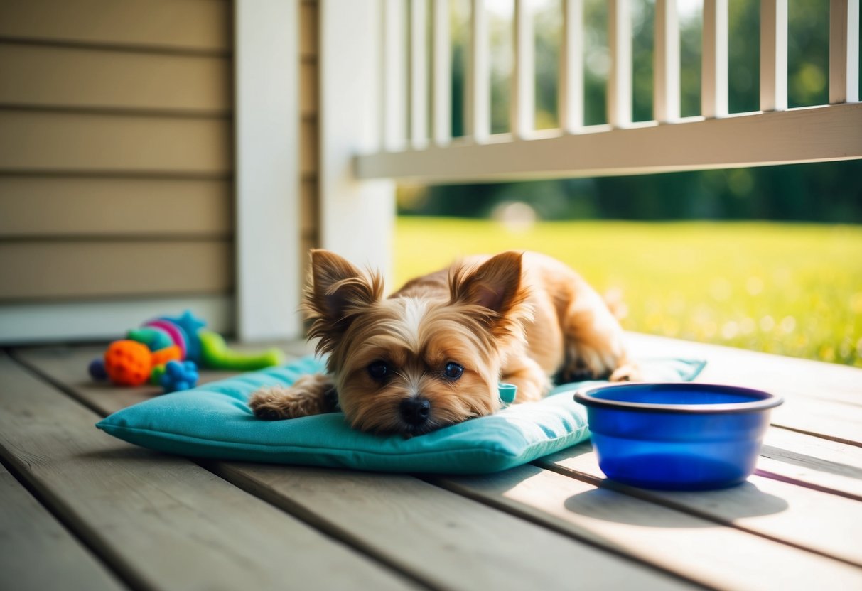 A small, contented dog lounges on a sunlit porch, surrounded by a few toys and a water bowl. The scene is peaceful and uncluttered